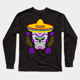 Purple Floral Cinco De Mayo Sugar Skull Long Sleeve T-Shirt